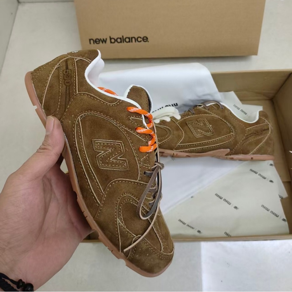 New Balance Men's Tan Suede Sneakers with Orange Accents